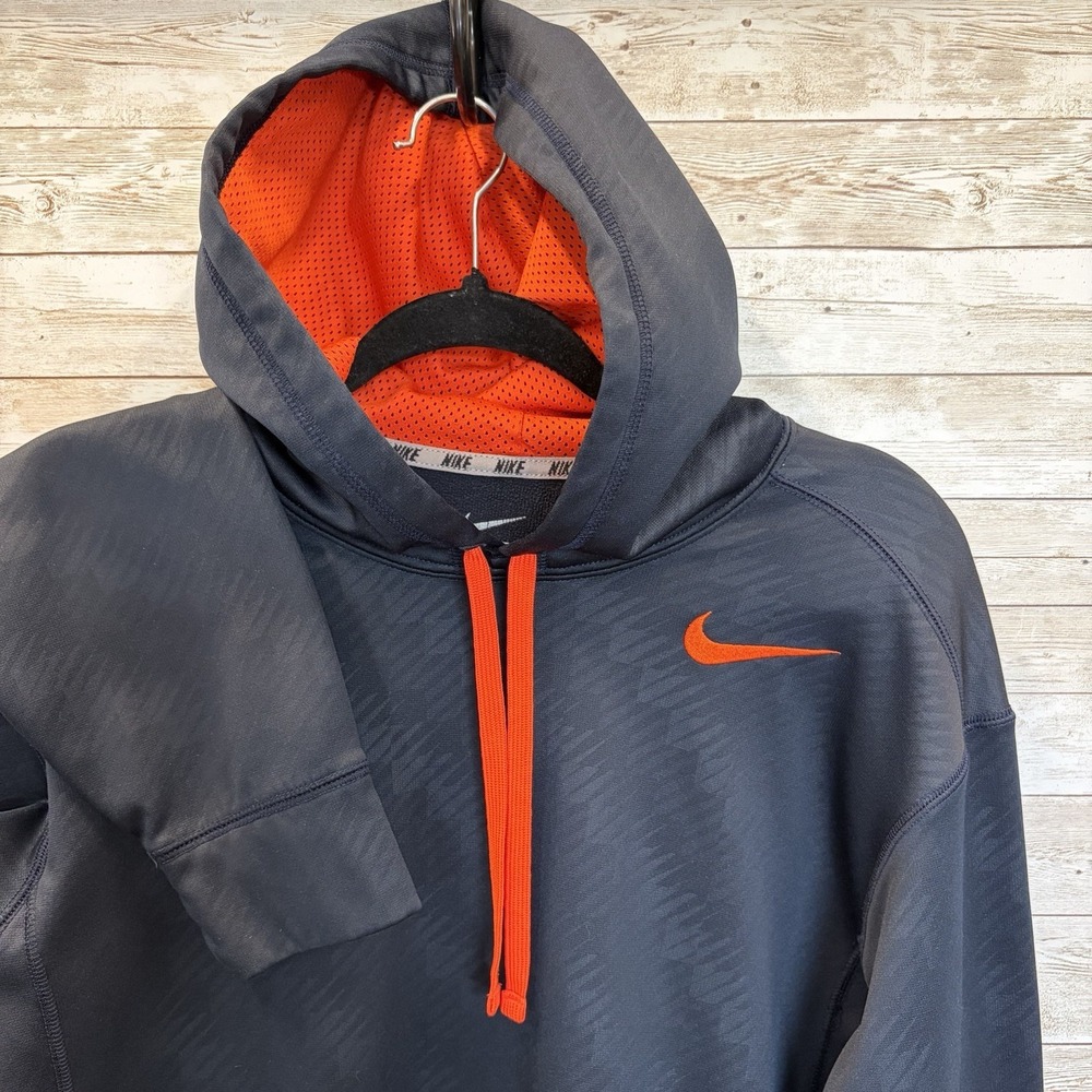 Nike Mens M Hoodie Therma Fit Navy Blue Pullover Sweatshirt Orange Swoosh Logo